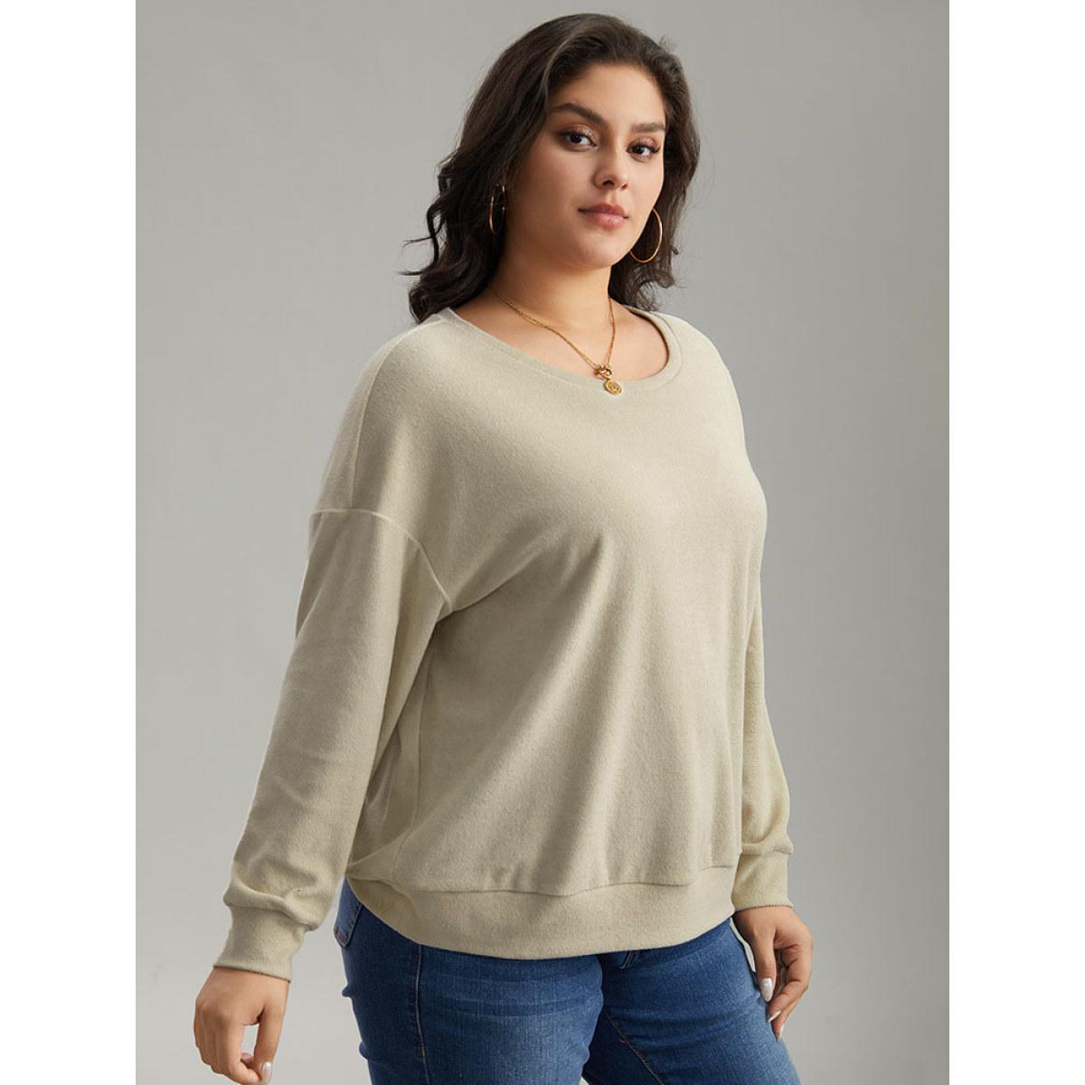 Plus Size Heather Plisse Elastic Hem Sweatshirt Women Beige Casual Texture Round Neck Dailywear Sweatshirts BloomChic 10/M Product Image