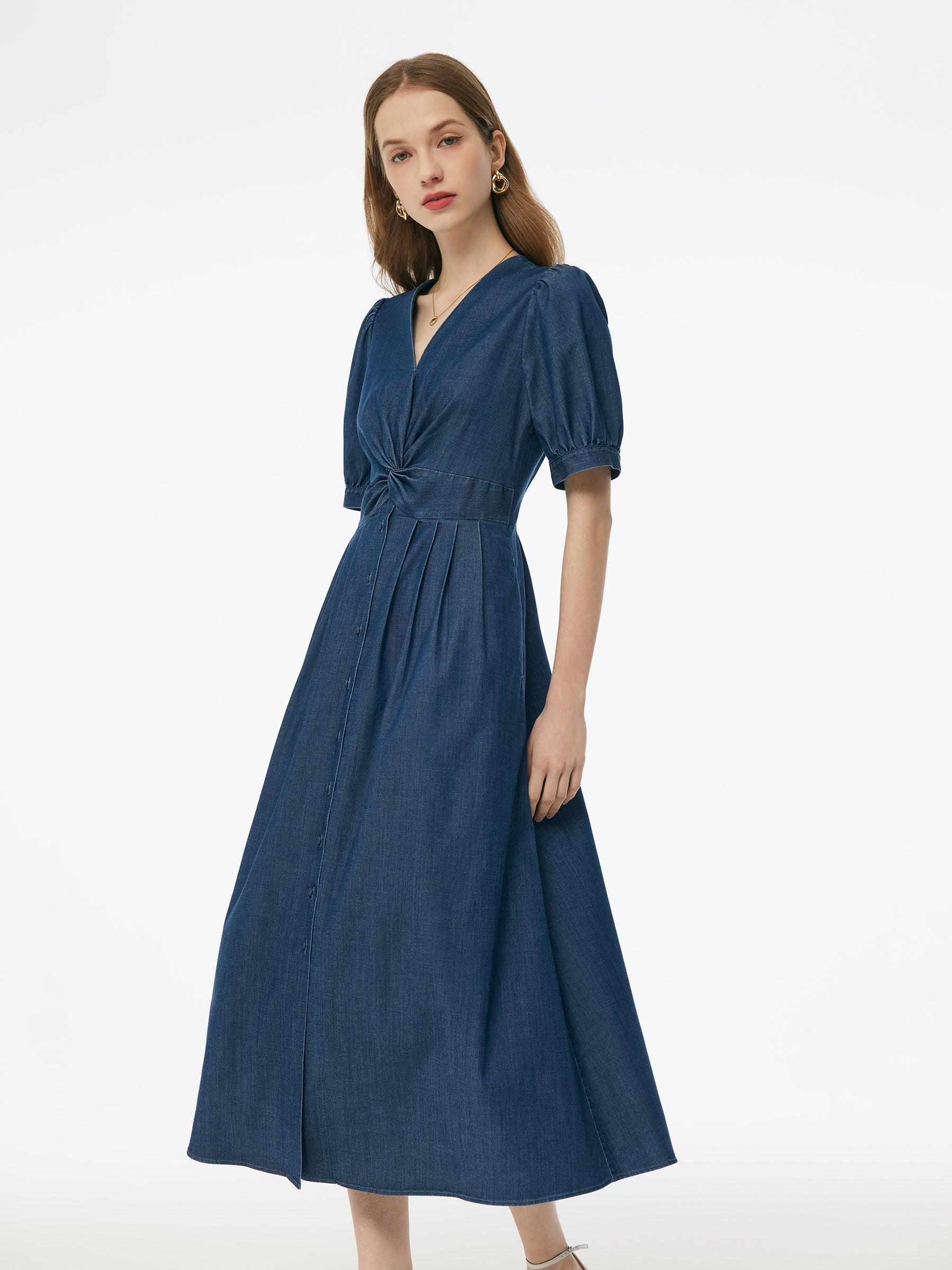 Denim Twist Front V-Neck Women Maxi Dress Product Image