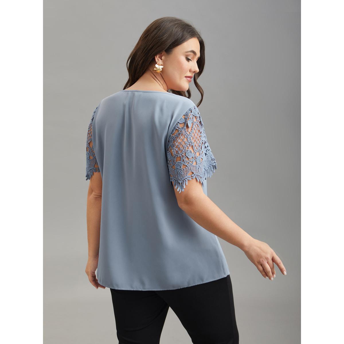 Plus Size Stone Lace Sleeve Neck Cut-Out Flared Shirt Women At the Office Short sleeve Notched collar Work Blouses BloomChic 22-24/3X Product Image