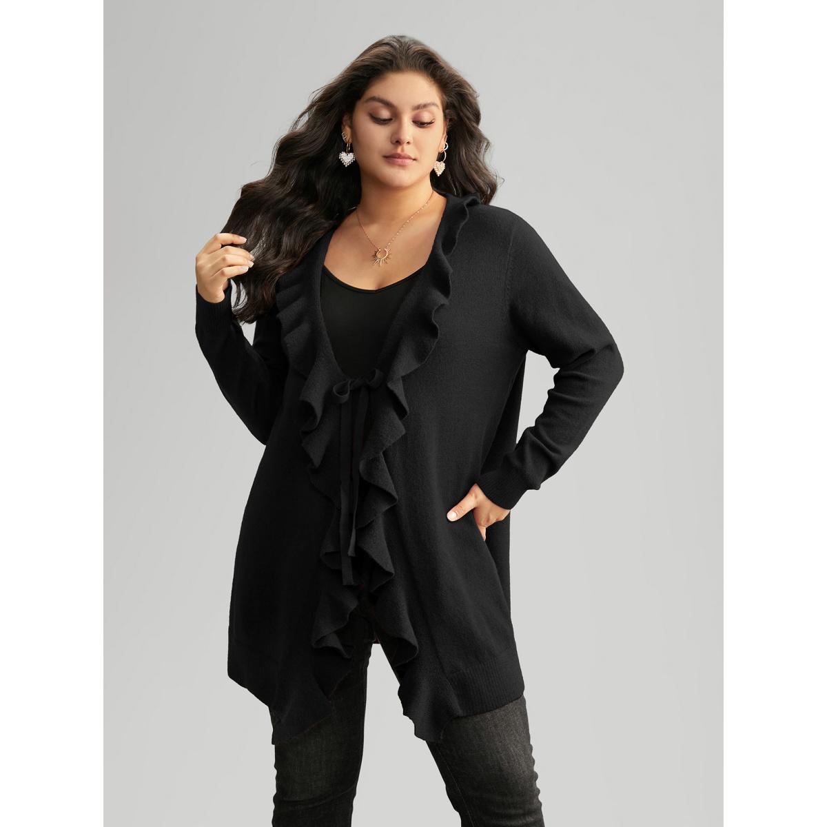 Plus Size Supersoft Essentials Solid Ruffle Trim Ties Cardigan Black Women Elegant Long Sleeve Everyday Cardigans BloomChic 14-16/1X Product Image