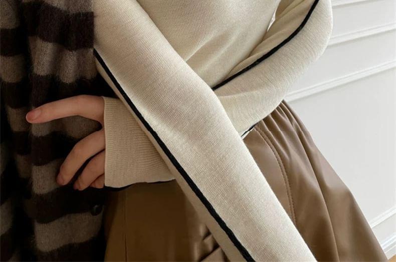 Long Sleeve Mock Neck Contrast Trim Knit Top Product Image