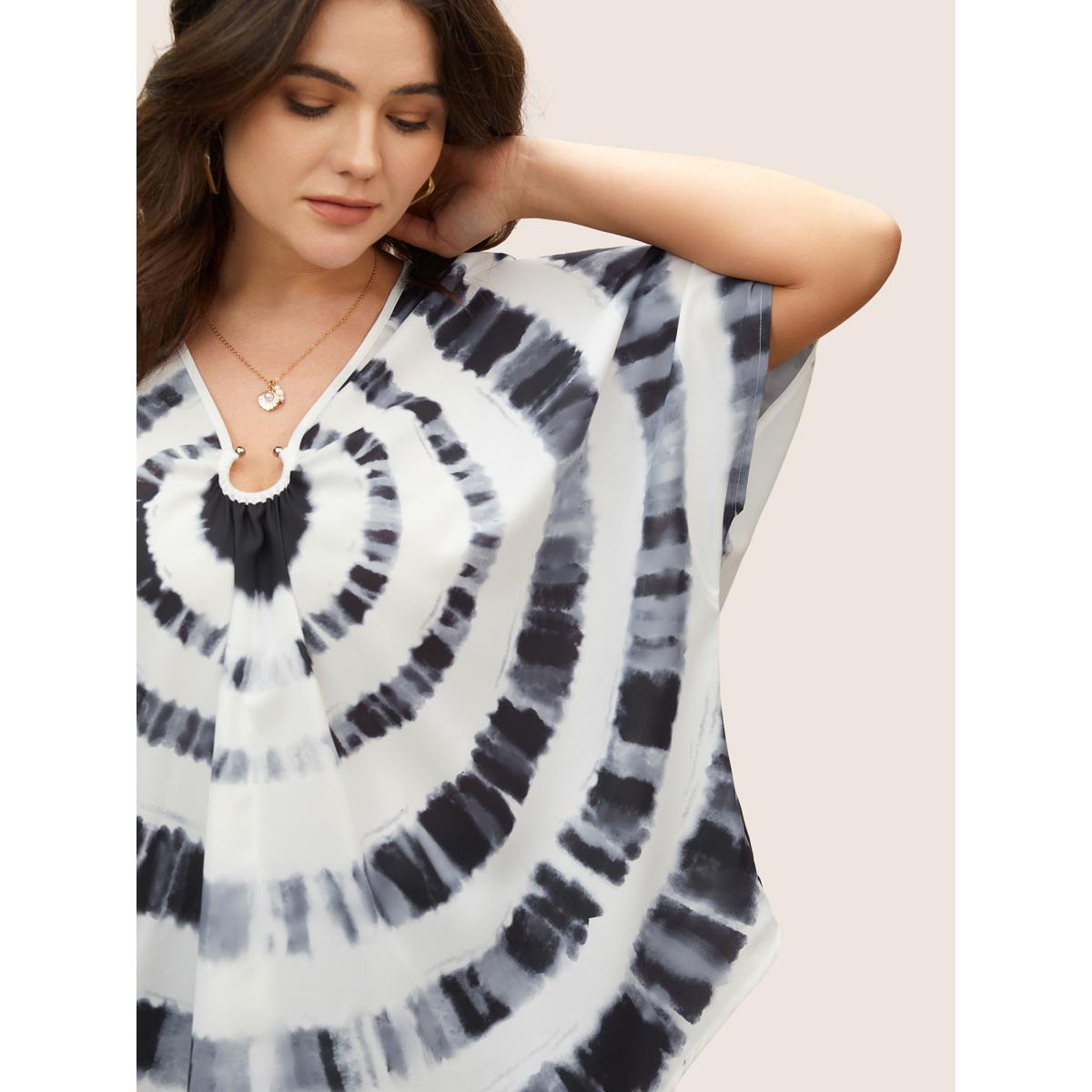 Plus Size Black Tie Dye Metal Detail Batwing Sleeve Blouse Women Casual Half Sleeve V-neck Everyday Blouses BloomChic 22-24/3X Product Image