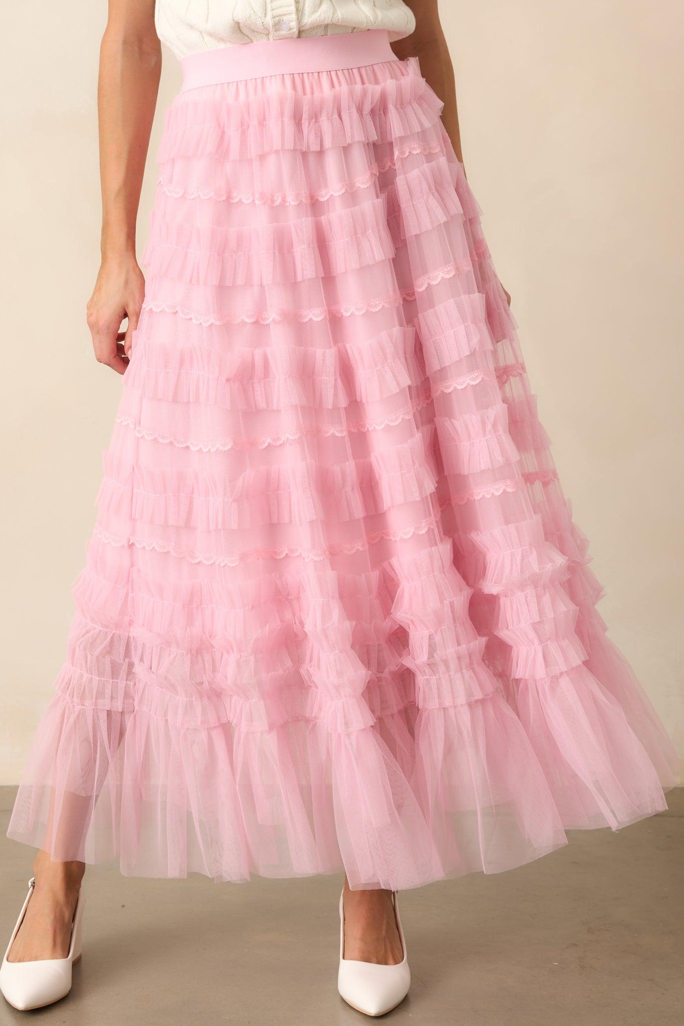Walk In The Garden Light Pink Ruffle Tulle Midi Skirt Product Image