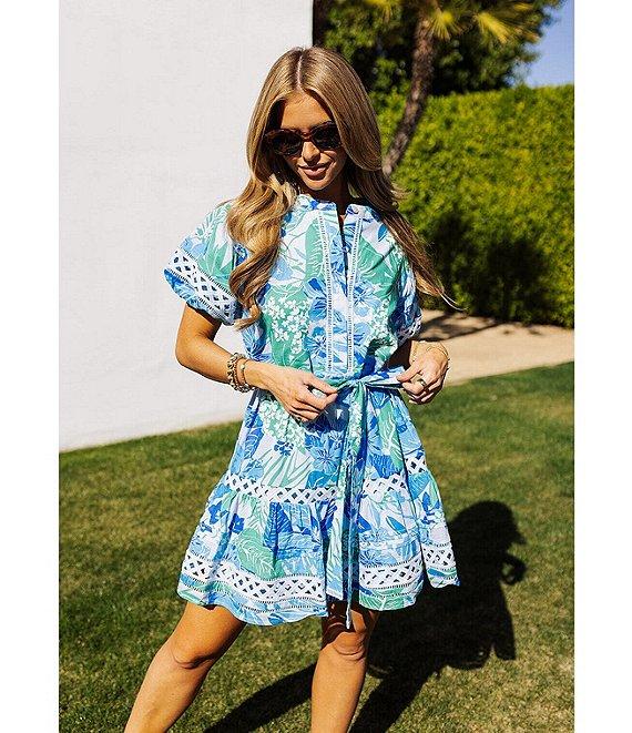 J.Marie Andie Floral Print Split Round Neck Short Puff Sleeve Belted Dress Product Image