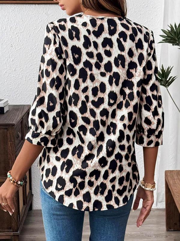 Loose Three-Quarter Sleeves Leopard Pleated Split-Joint Lapel Blouses&Shirts Tops Product Image