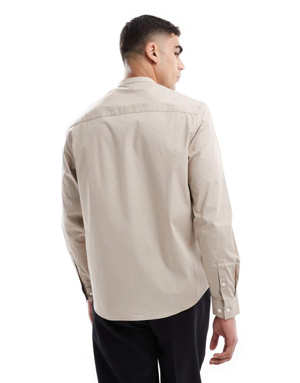 ASOS DESIGN band collar formal regular shirt in dark stone Product Image