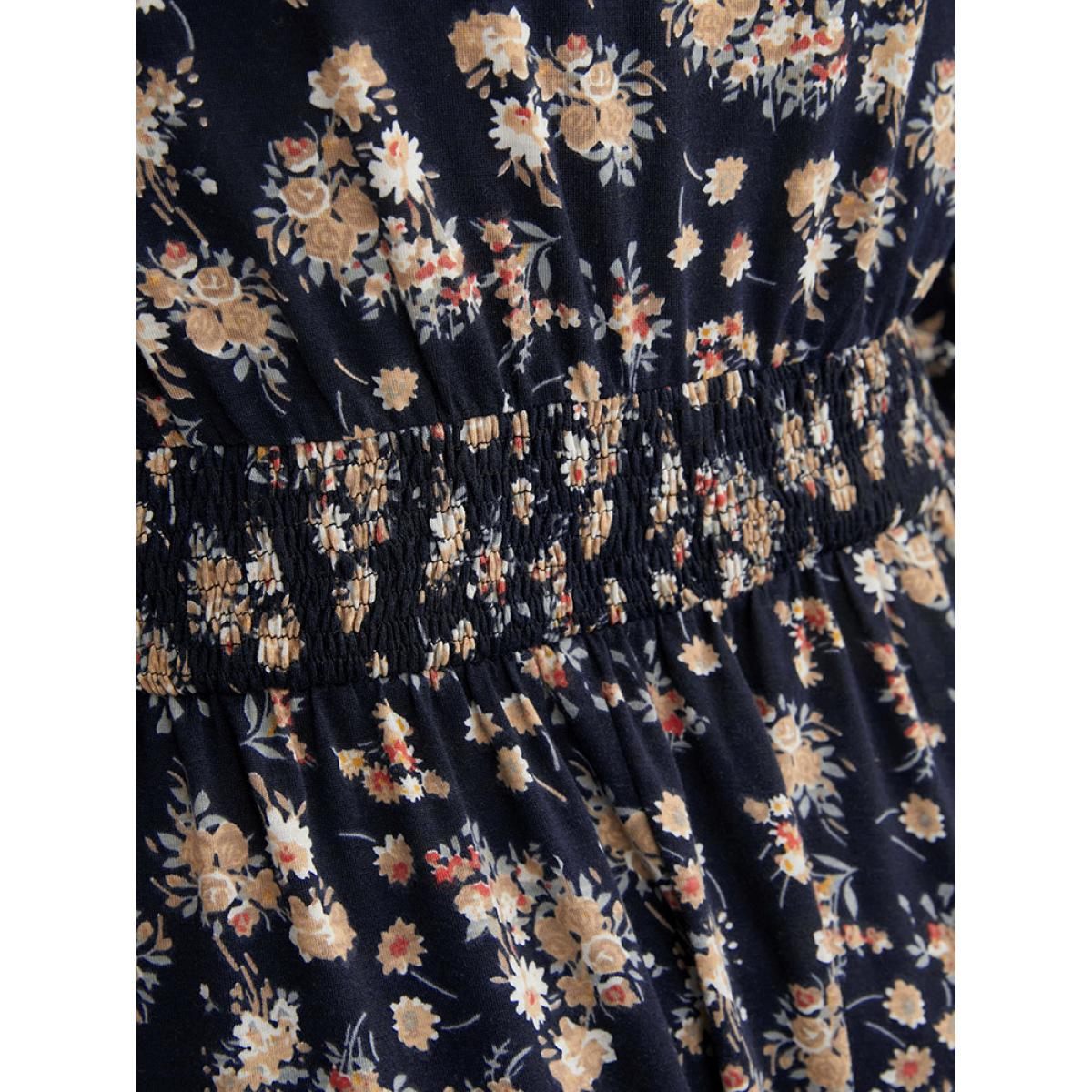 Plus Size Ditsy Floral Pocket Lantern Sleeve Shirred Flutter Dress Indigo Women Elegant Elastic Waist V-neck Long Sleeve Curvy Midi Dress BloomChic 22-24/3X Product Image