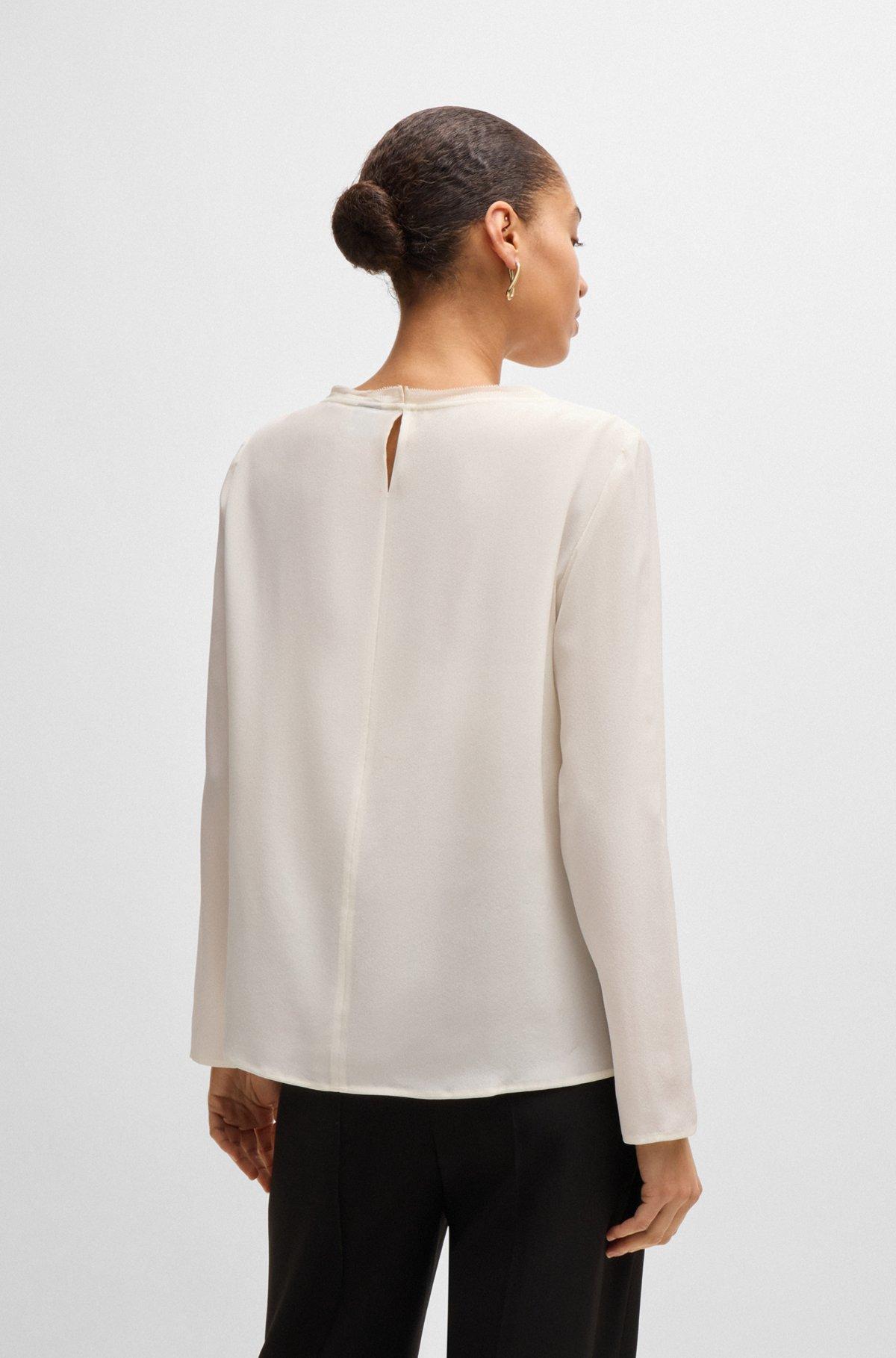 BOSS - Long-sleeved blouse in washed silk with pleated front - White Product Image