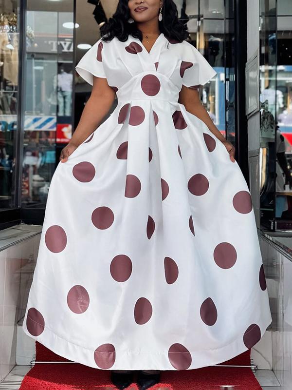 A-Line Half Sleeves Pleated Polka-Dot V-Neck Maxi Dresses Product Image