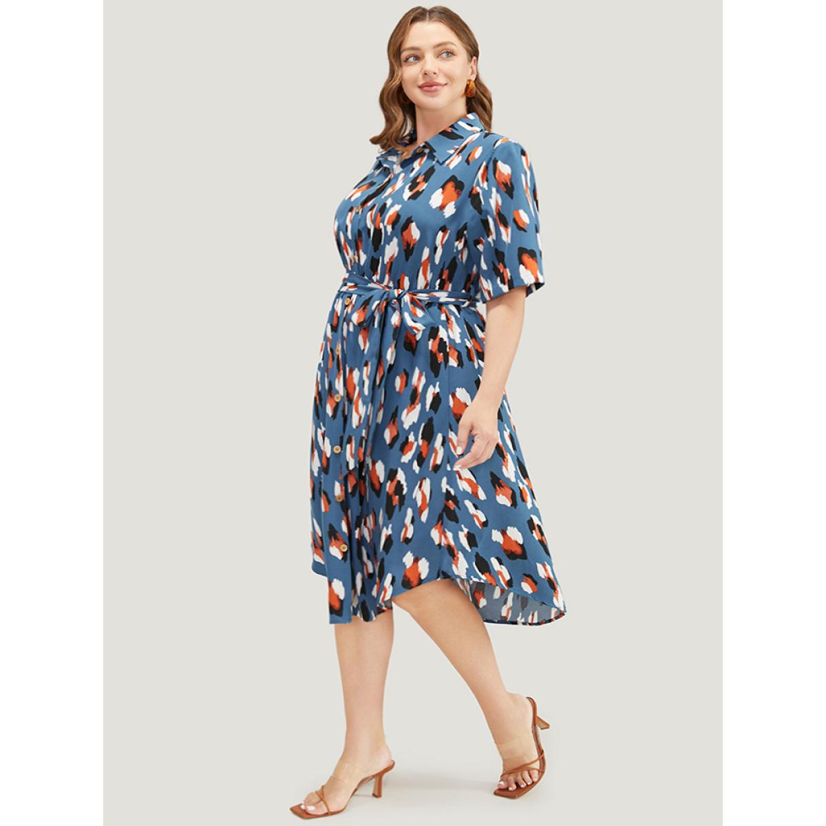 Plus Size Allover Print Button Detail Pocket Belted Arc Hem Dress Stone Women Office Cross straps Shirt collar Short sleeve Curvy Midi Dress BloomChic 10/M Product Image