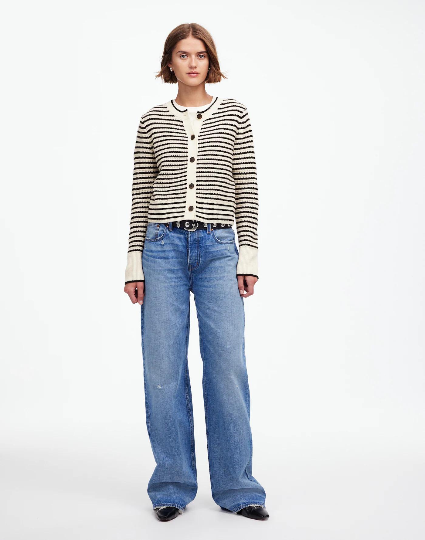 Waffle-Knit Wool Cardigan in Stripe Product Image