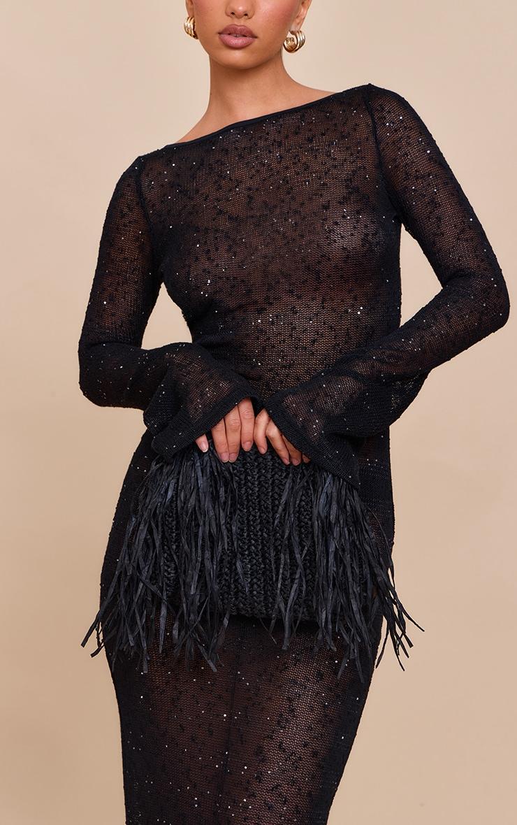 Black Shirred Textured Long Sleeve Backless Midaxi Dress Product Image