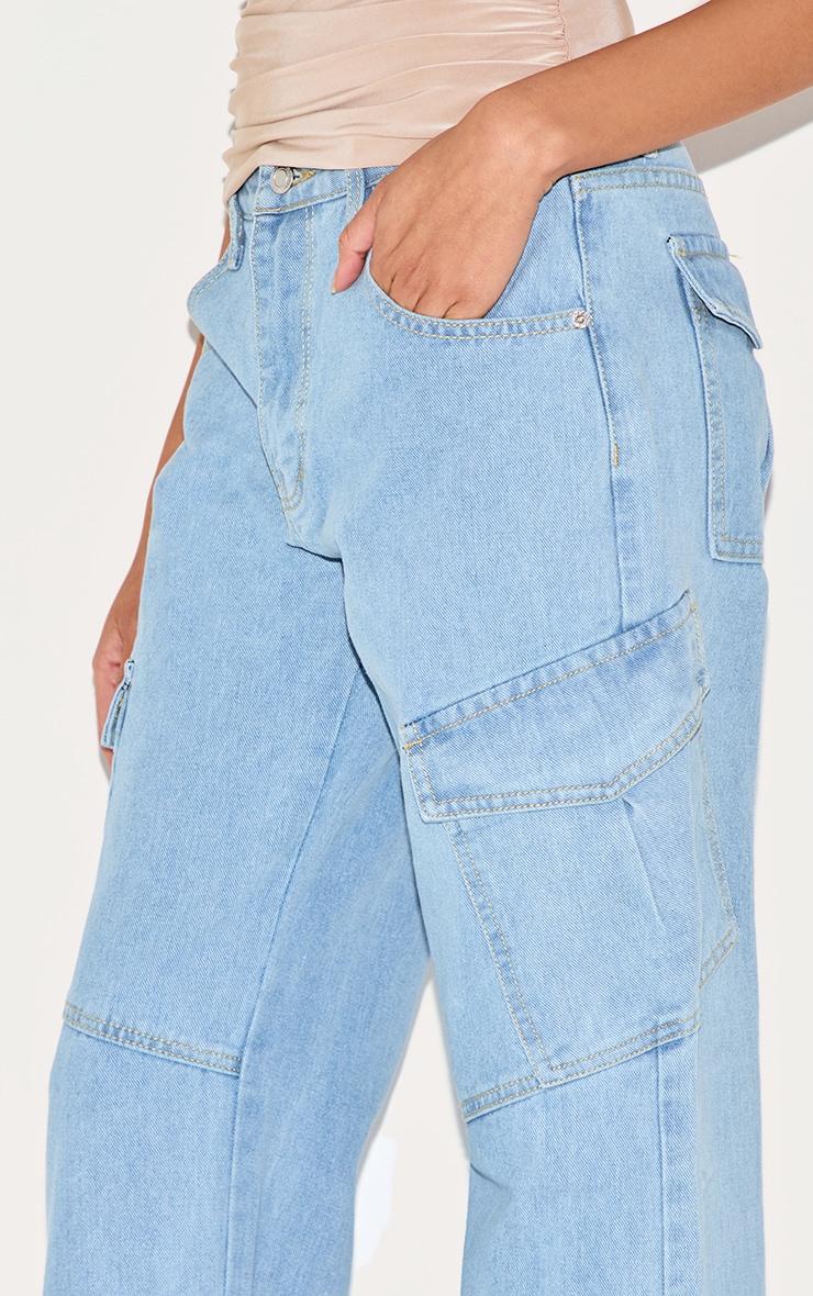 Light Blue Wash Slim Fit Cargo Pocket Boyfriend Jeans Product Image
