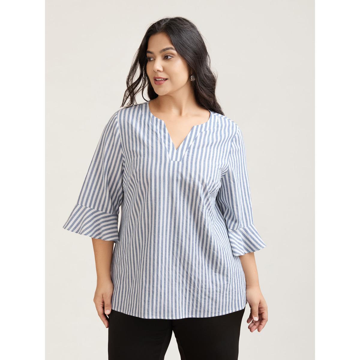 Plus Size Stone Striped Split Neck Flared Sleeve Shirt Women At the Office Elbow-length sleeve Notched collar Work Blouses BloomChic 18-20/2X Product Image