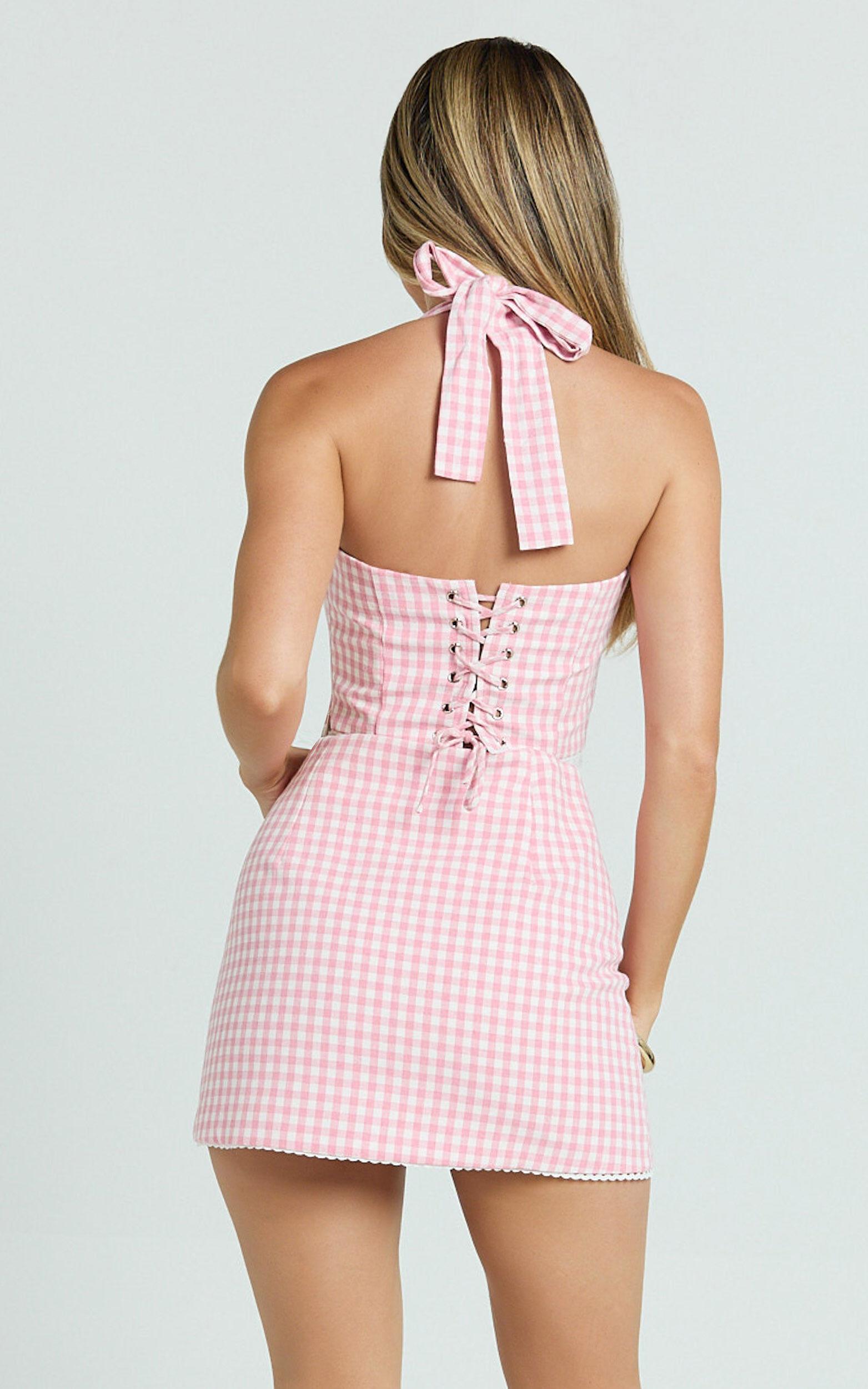 Rosario Two Piece Set - Gingham Corset And Mini Skirt Set in Pink Product Image