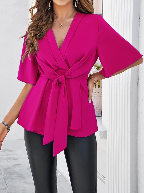 Flared Sleeves Half Sleeves Solid Color Tied V-Neck Blouses&Shirts Tops Product Image