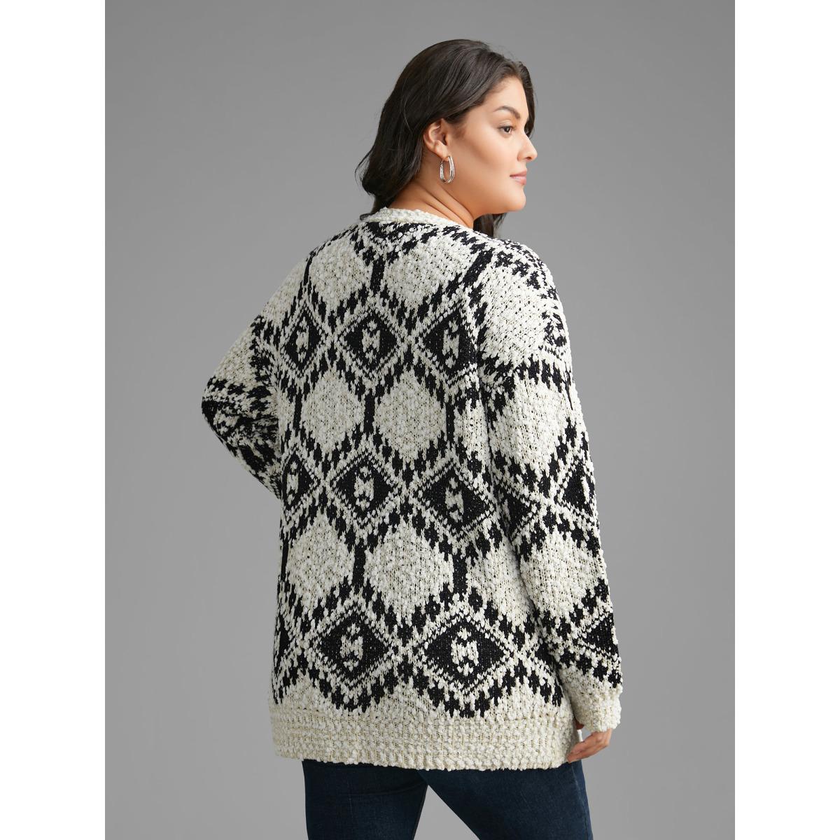 Plus Size Bandana Jacquard Patched Pocket Drop Shoulder Cardigan Black Women Casual Loose Long Sleeve Everyday Cardigans BloomChic 22-24/3X Product Image