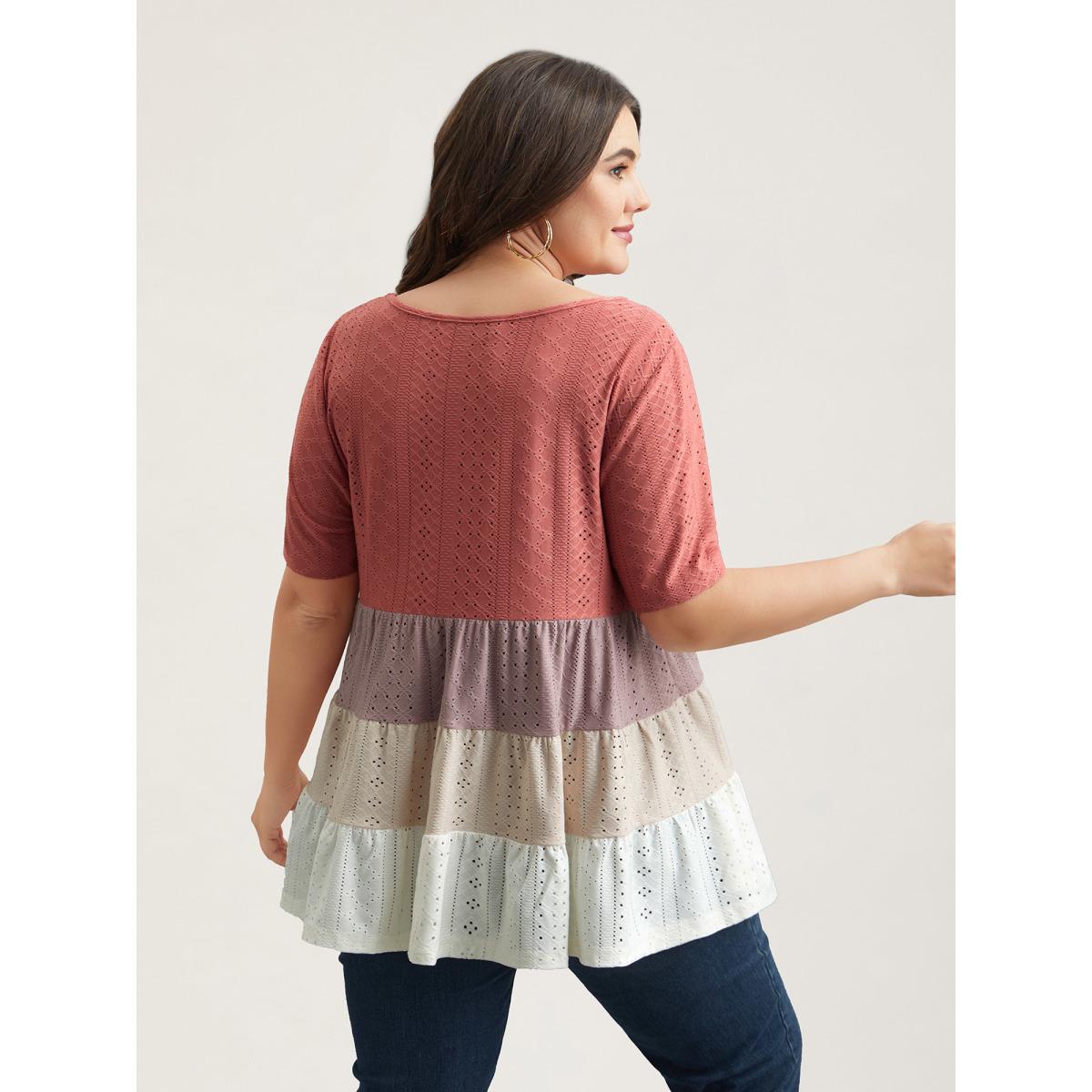 Plus Size Color Contrast Layered Ribbed T-Shirt Multicolor Women Casual Texture Round Neck Everyday T-shirts BloomChic 10/M Product Image