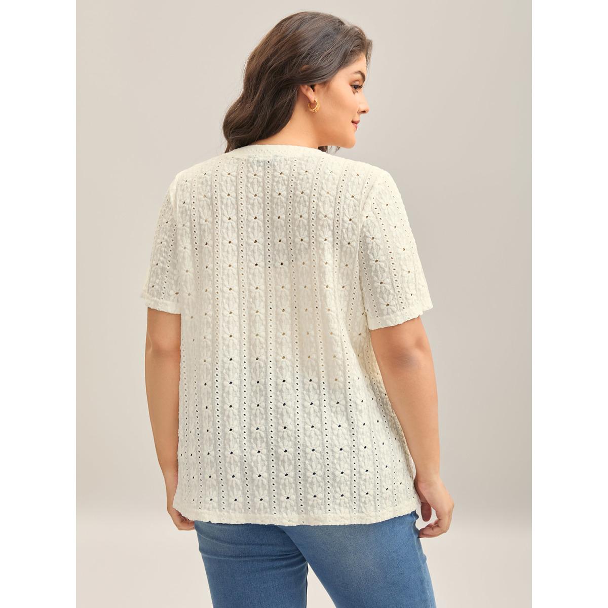 Plus Size Textured Pleated Split Neck T-Shirt WhiteSmoke Women Romantic Texture Flat collar with V-notch Elegant T-shirts BloomChic 30/6X Product Image