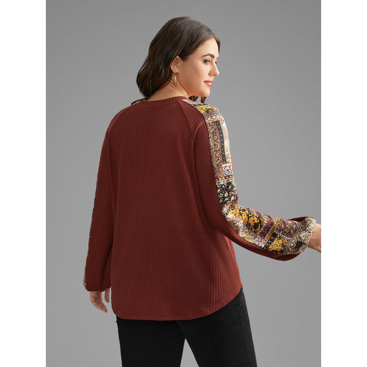 Plus Size Bandana Patchwork Waffle Knit T-shirt Maroon Women Casual Texture V-neck Loose Everyday T-shirts BloomChic 12/L Product Image