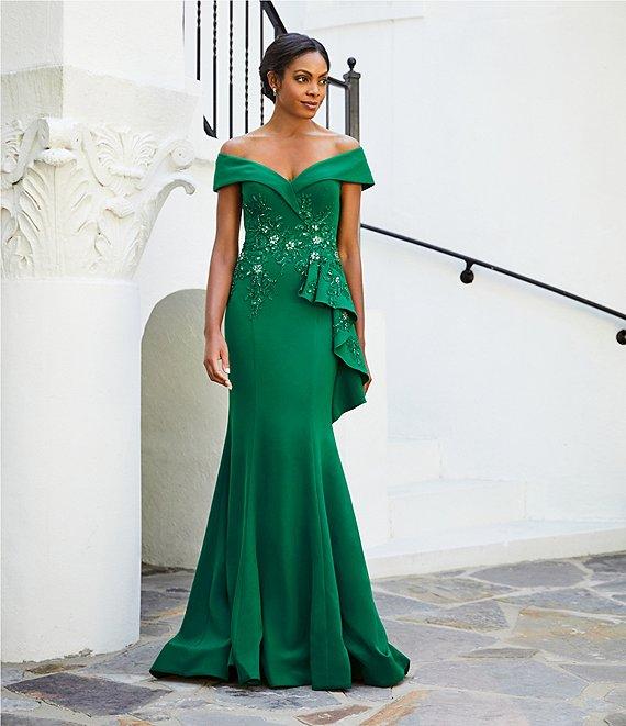 Terani Couture Off-the-Shoulder Short Sleeve Peplum Beaded Applique Mermaid Gown Product Image