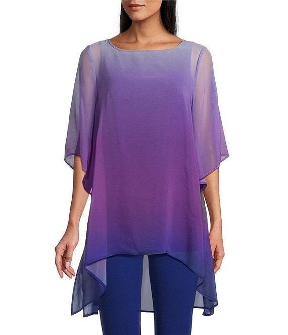 Slim Factor by Investments Purple/Royal Blue Ombre Border Print Boat Neck 3/4 Sleeve Lined Tunic Product Image