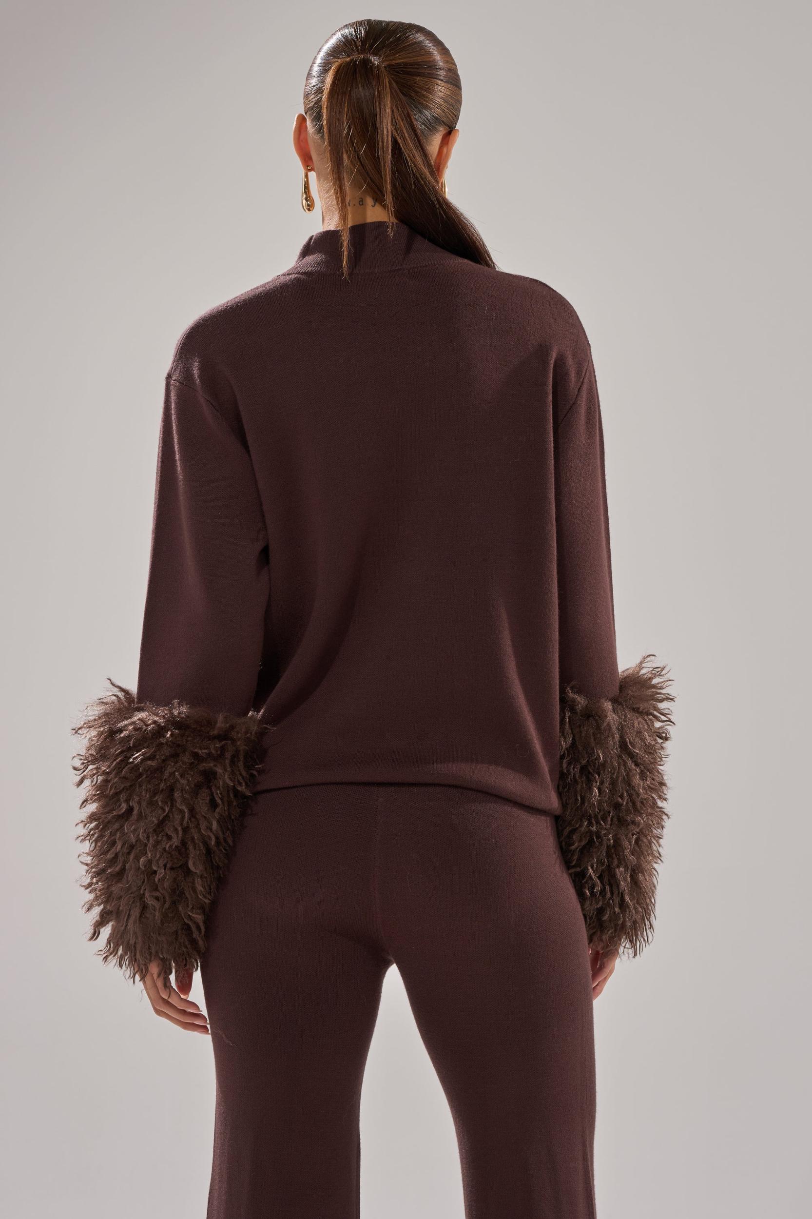 COZY VIBES SWEATER WITH FUR CUFF IN BROWN Product Image