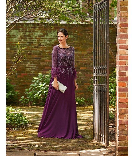 Terani Couture Chiffon Beaded Sequin Boat Neck Long Sleeve Feather Trim Gown Product Image