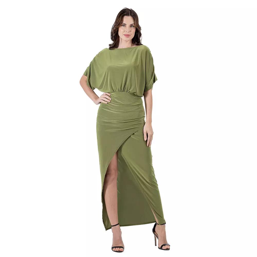 Women's 24Seven Comfort Apparel Long Sleeve Wide Boatneck Side Slit Maxi Dress,  Product Image