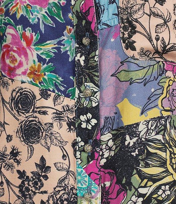 Tru Luxe Jeans Floral Patchwork Print Collared Neck Roll Tab Sleeve Top Product Image