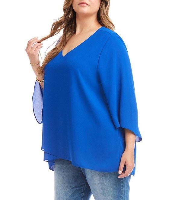 Karen Kane Plus Size V-Neck 3/4 Sleeve Crossover Hem Silky Crepe Top Product Image