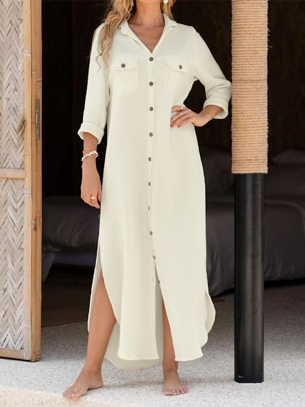 Long Sleeves Loose Buttoned Pockets Split-Side Lapel Maxi Dresses Shirt Dress Product Image