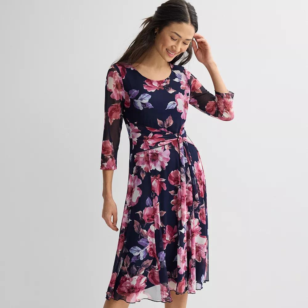 Womens Studio Connection Floral 3/4-Sleeve Fit & Flare Midi Dress Pink Floral Product Image