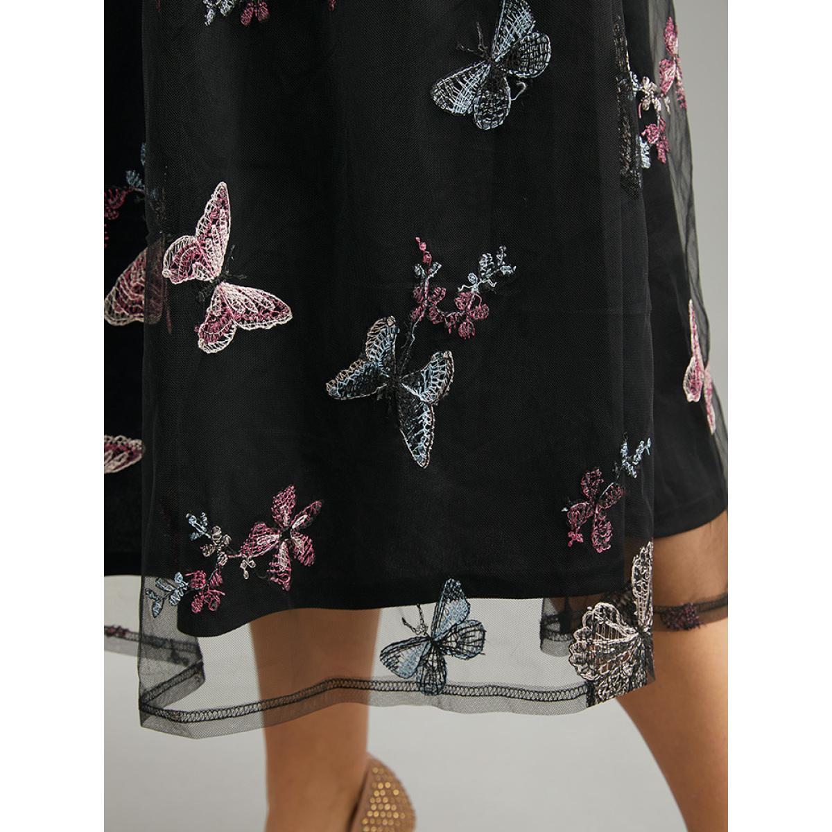 Plus Size Butterfly Embroidered Mesh Elastic Waist Skirt Women Black Party Lace No stretch Pocket Going out Skirts BloomChic 14-16/1X Product Image