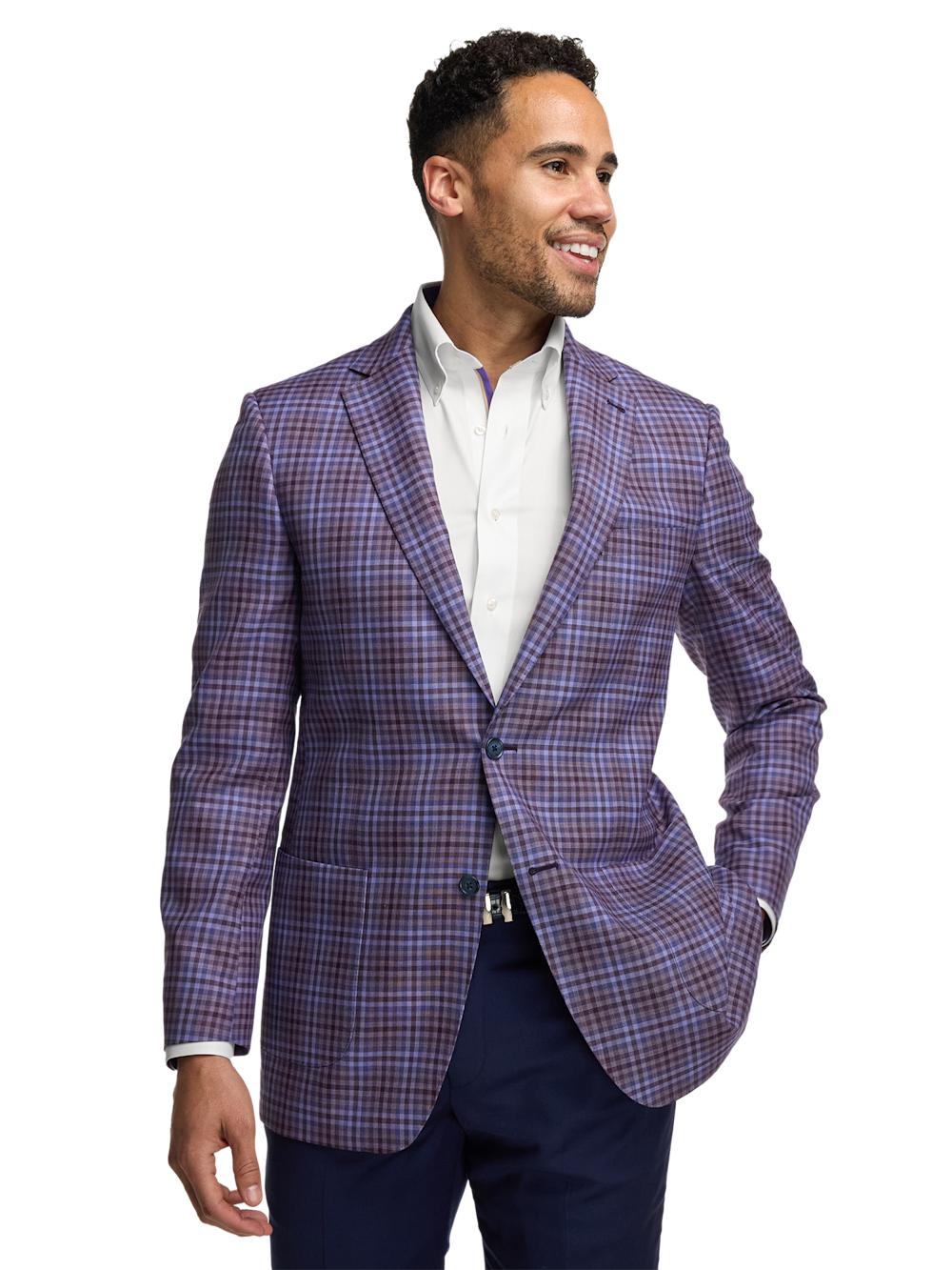 Wool Plaid Single Breasted Notch Lapel Sport Coat - Purple Product Image