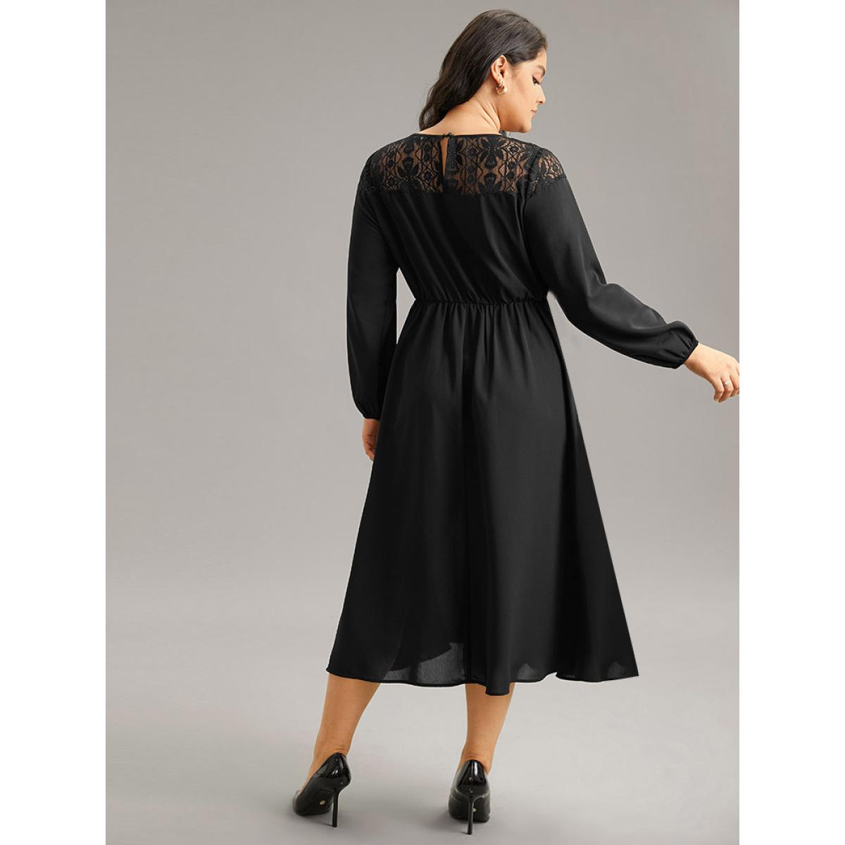Plus Size Lace Panel Patchwork Lantern Sleeve Dress Black Women At the Office Elastic cuffs Round Neck Long Sleeve Curvy Midi Dress BloomChic 14-16/1X Product Image