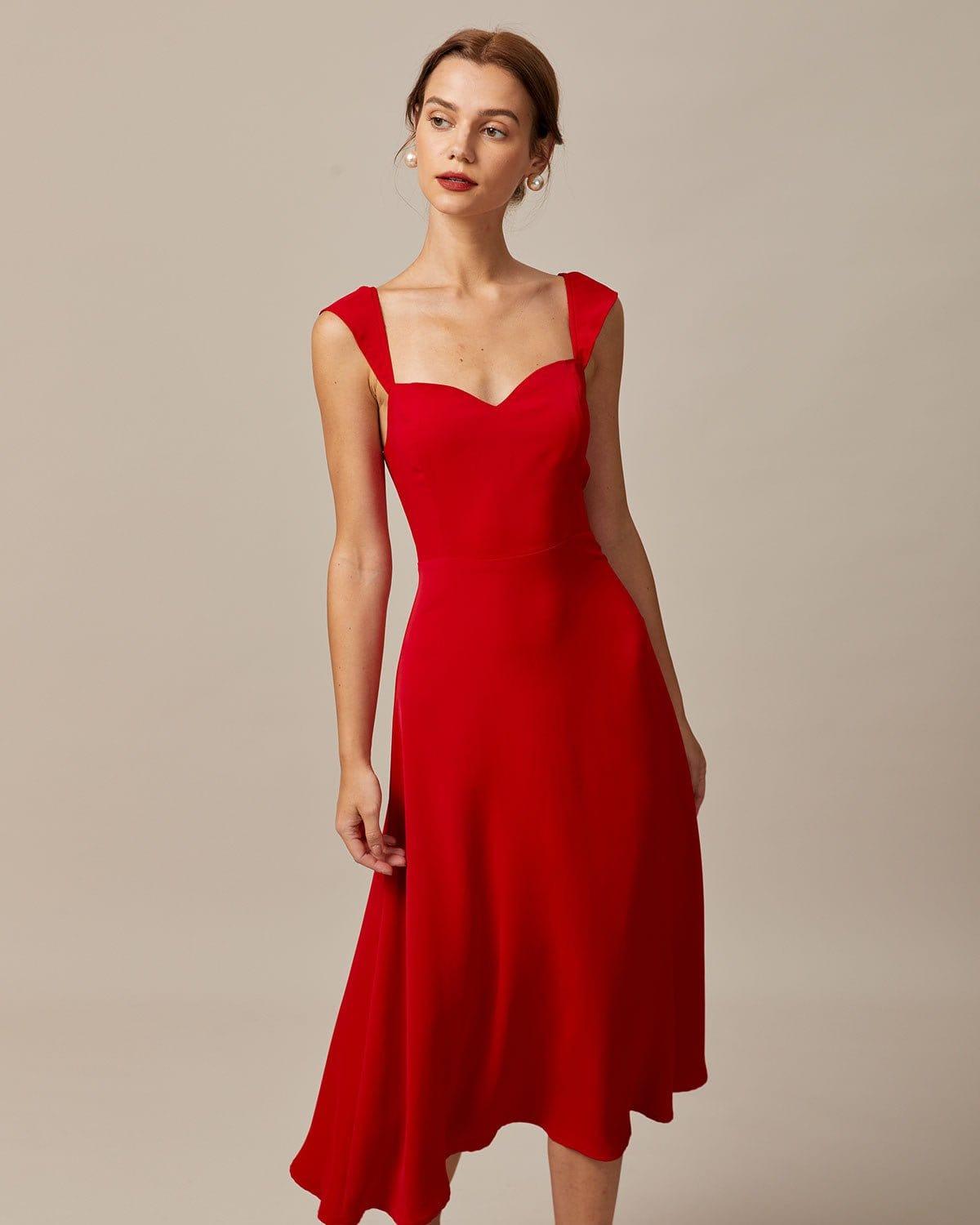 The Red Sweetheart Neck Cap Sleeve Midi Dress Product Image