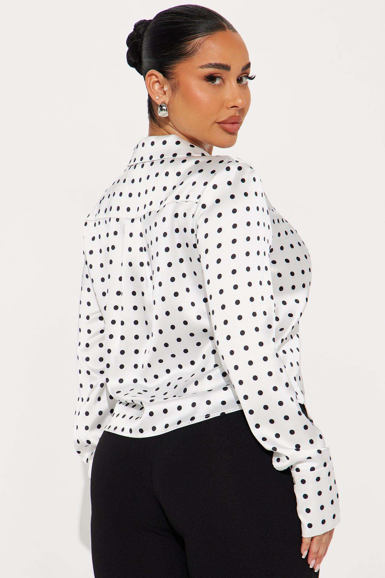 Polka Dot Glam Satin Shirt - White/Black Product Image