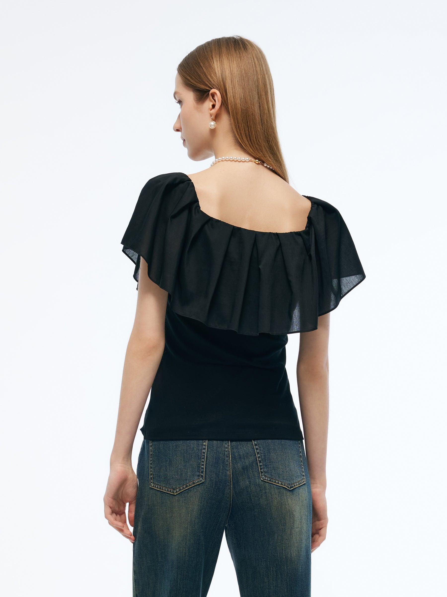 Tencel Blend Convertible Neckline Women Ruffled Top Product Image