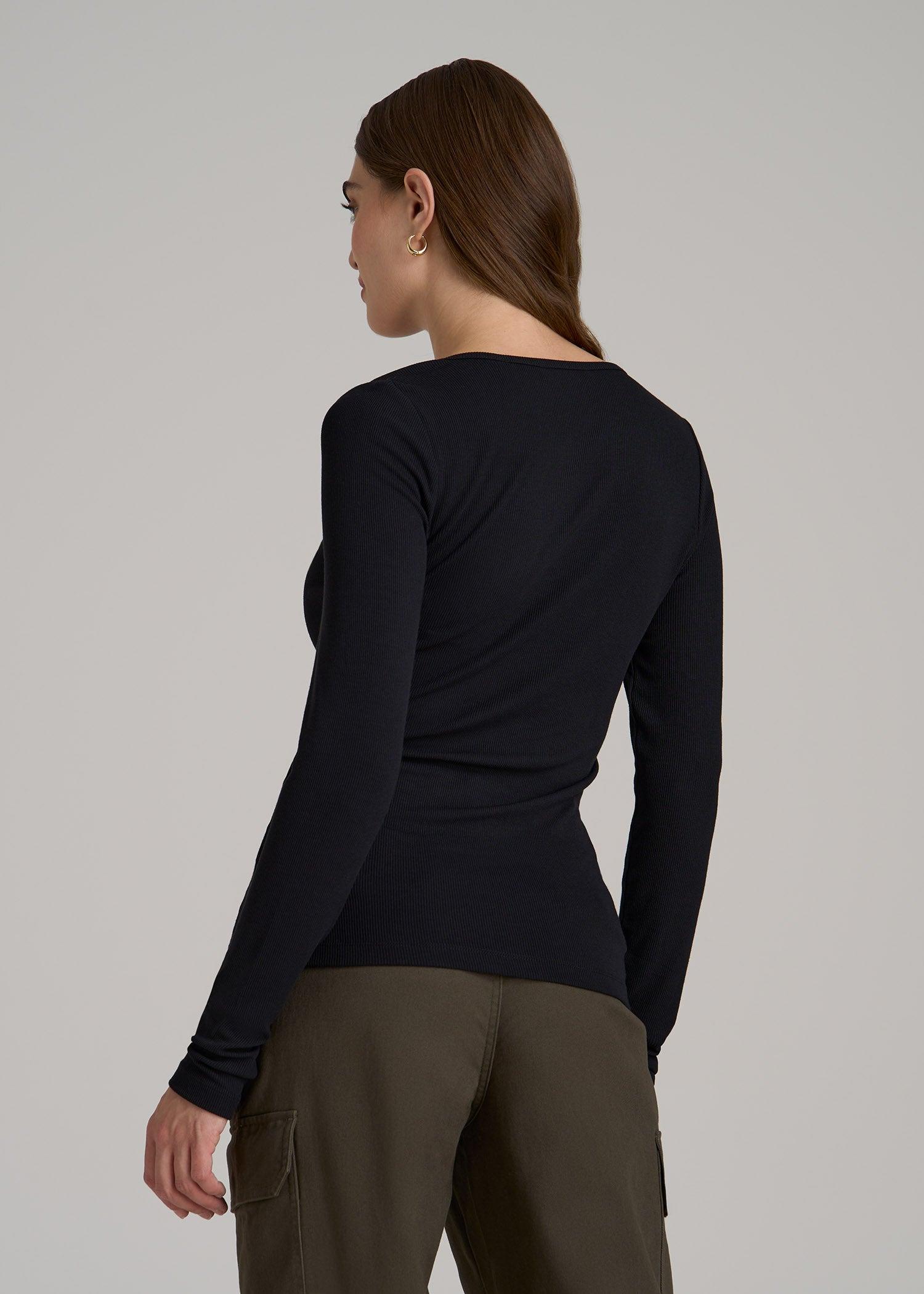Long Sleeve Ribbed Squareneck Top for Tall Women in Black Product Image