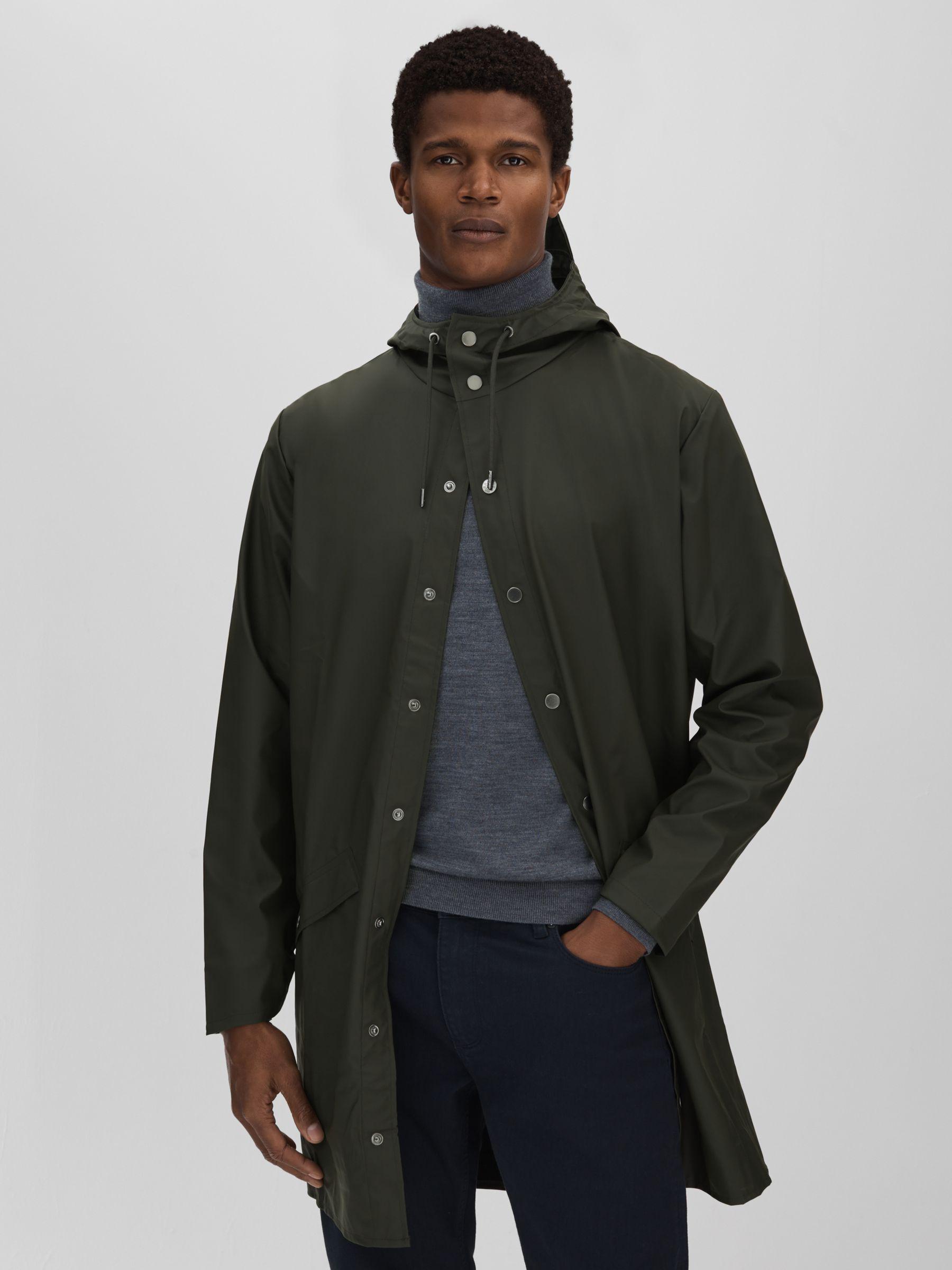 Rains Longline Hooded Raincoat in Dark Green Product Image