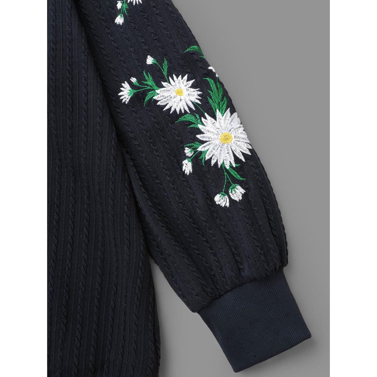 Plus Size Floral Embroidered Sleeves Sweatshirt Women Indigo Casual Texture Round Neck Everyday Sweatshirts BloomChic 10/M Product Image