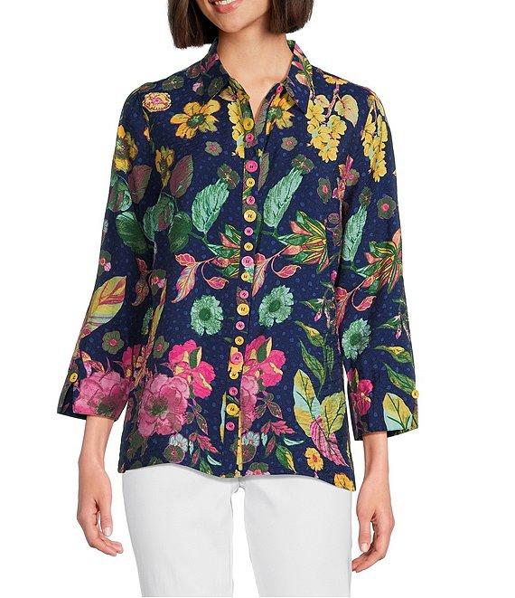 Ali Miles Tropical Printed Crinkle Point Collar 3/4 Sleeve Button Front Tunic Product Image