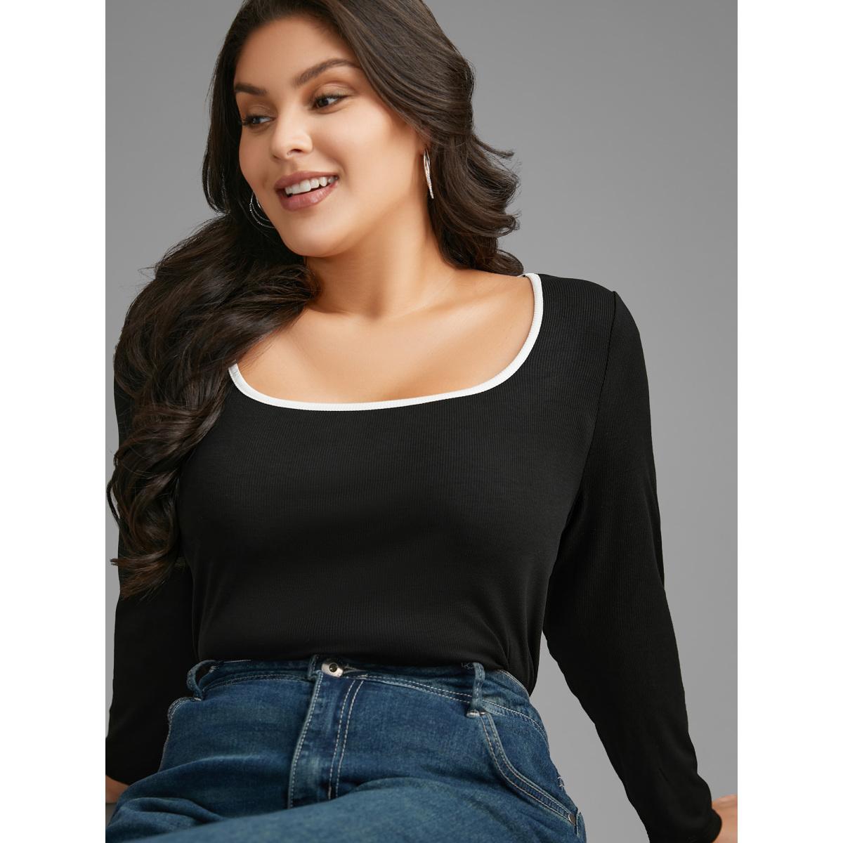 Plus Size Square Neck Contrast Trim T-shirt Black Women Casual Texture Square Neck Bodycon Everyday T-shirts BloomChic 30/6X Product Image