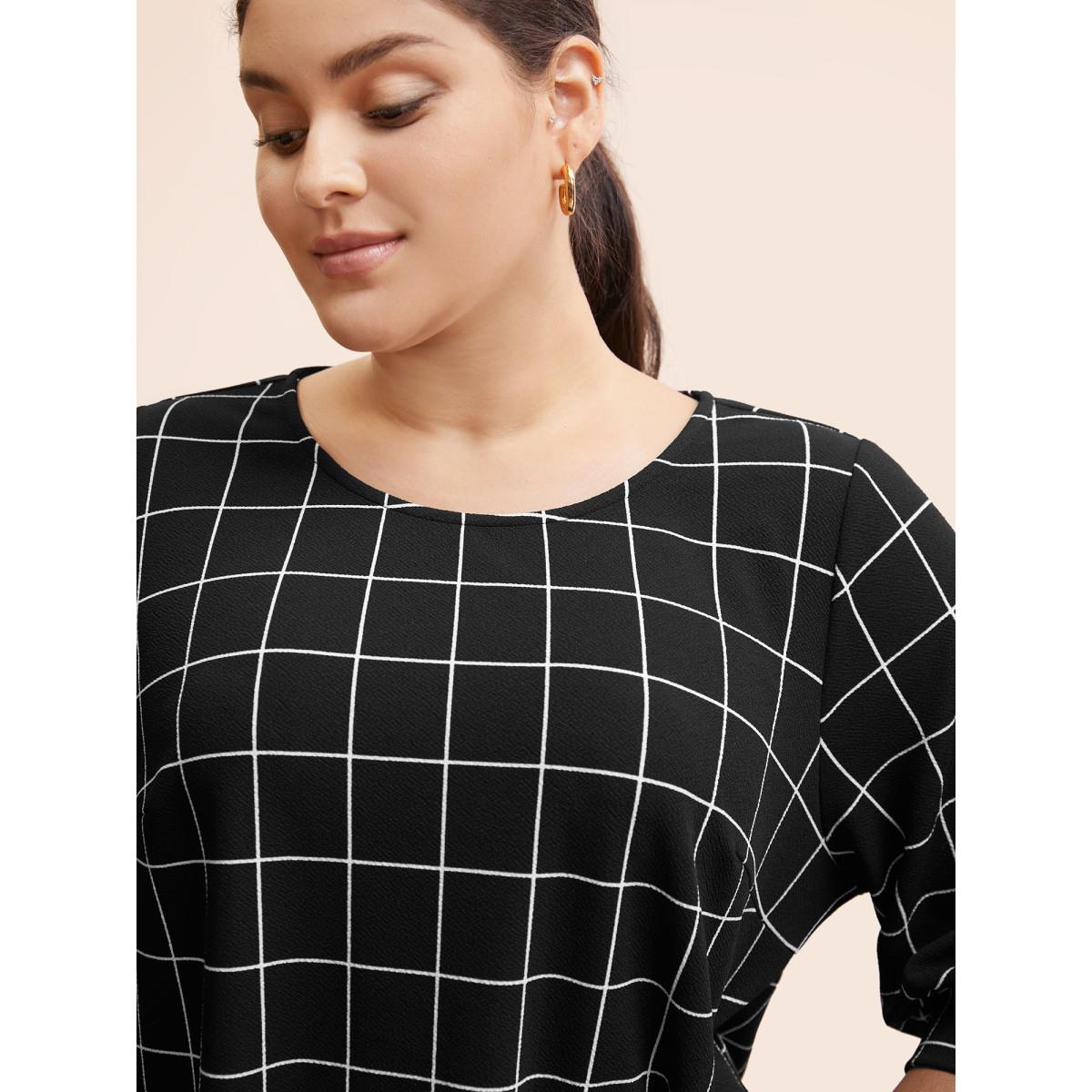 Plus Size Plaid Round Neck Lantern Sleeve T-shirt Black Women At the Office Printed Plaid Round Neck Office T-shirts BloomChic 22-24/3X Product Image