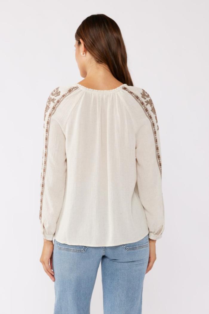 Embroidered Long Sleeve V-Split Neck Top Product Image