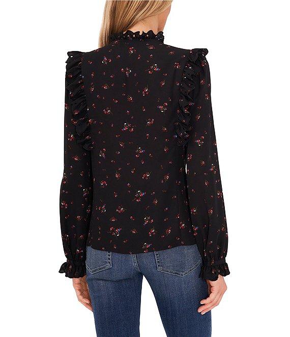 CeCe Woven Floral Print V-Neck Long Puff Ruffle Sleeve Blouse Product Image