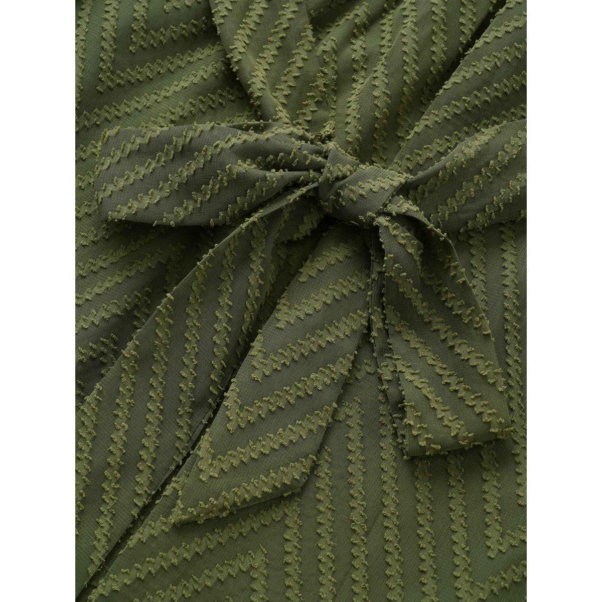 Plus Size Plisse Belted Mesh Overlap Collar Dress ArmyGreen Women At the Office Non Overlap Collar Long Sleeve Curvy Midi Dress BloomChic 10/M Product Image