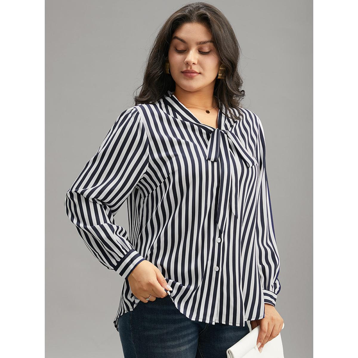 Plus Size Indigo Striped Bowknot V Neck Curved Hem Woven Top Women Office Long Sleeve Shirt collar Office Blouses BloomChic 18-20/2X Product Image