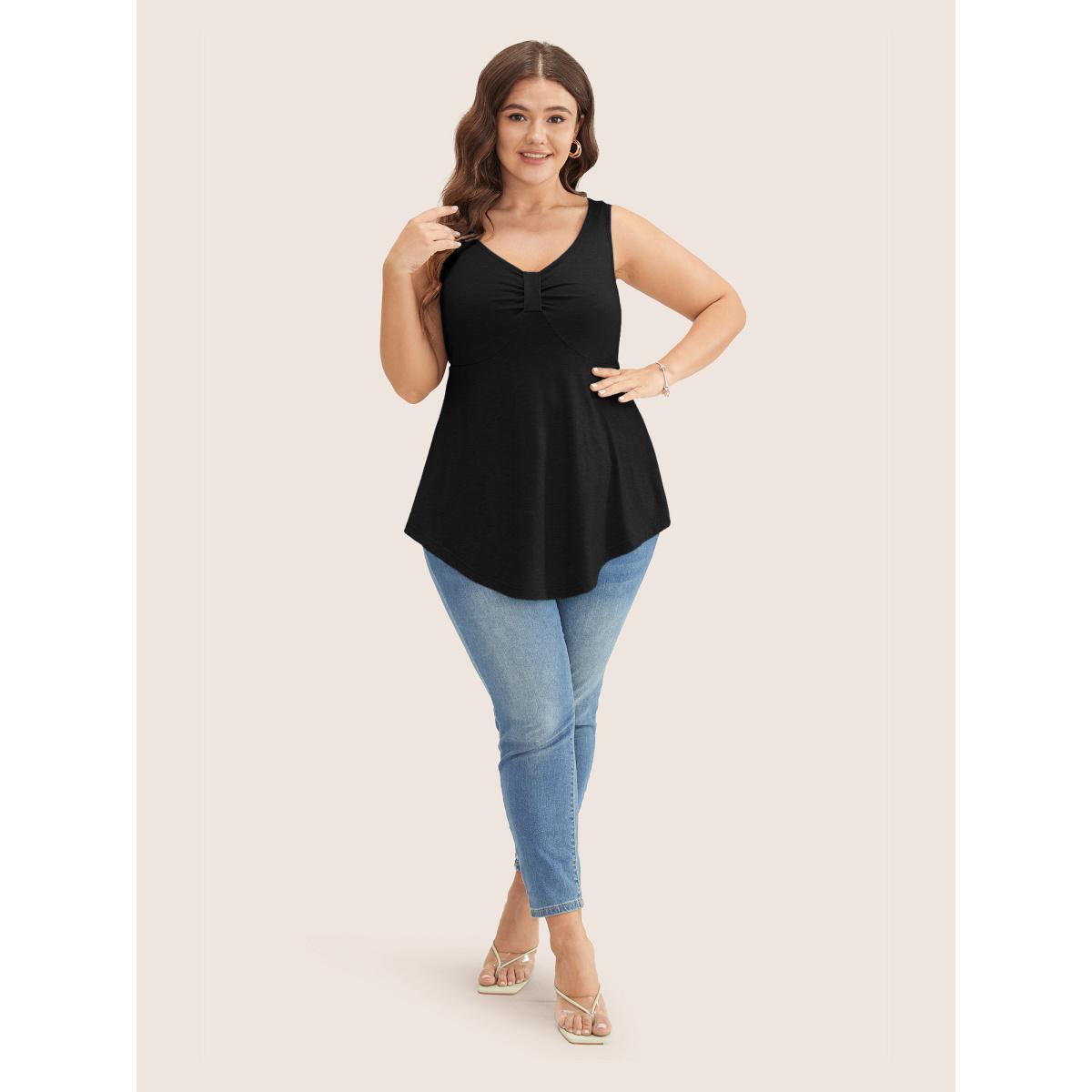 Plus Size Solid Ruched Detail Asymmetrical Hem Tank Top Women Black Timeless Gathered Heart neckline Elegant Tank Tops Camis BloomChic 18-20/2X Product Image
